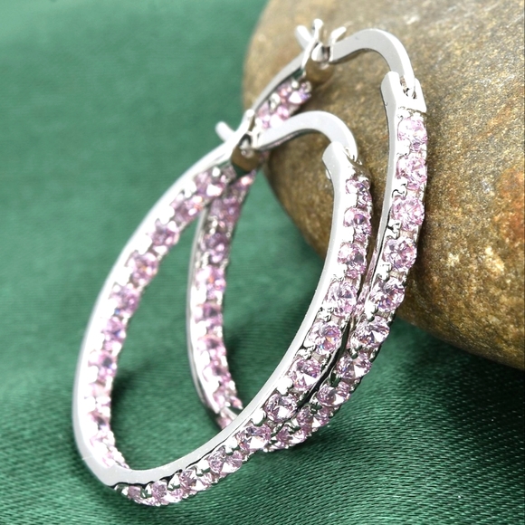 🔥PRICE DROP🔥NWT SIMULATED PINK DIAMOND HOOP EARRINGS IN STERLING SILVER - Picture 6 of 9